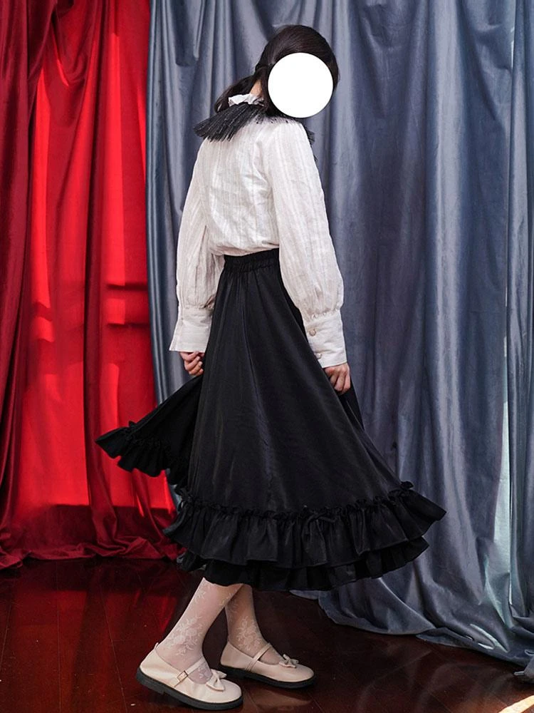 Retro Lolita Skirt PINKWINK Little Starry Night Ruffle A-line Skirt Hepburn Black Skirt - Image 3