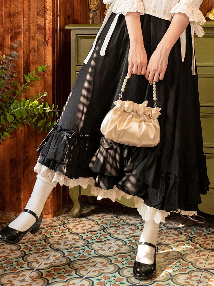 Retro Lolita Skirt PINKWINK Little Starry Night Ruffle A-line Skirt Hepburn Black Skirt