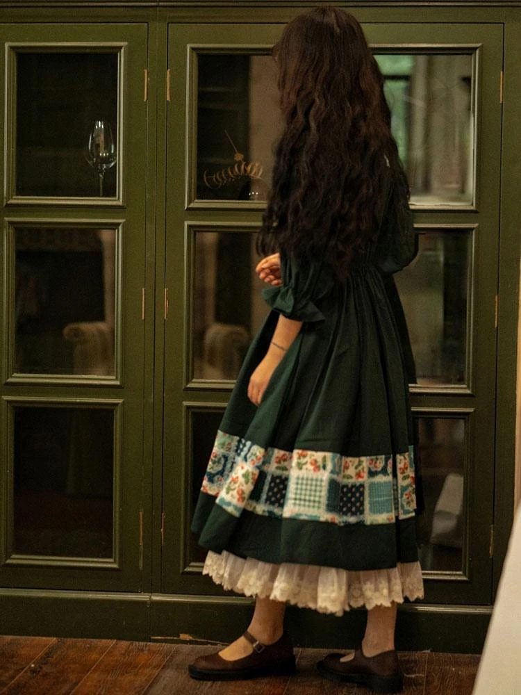 Retro Lolita OP Dress Pinkwink Small Starry Night Puff Sleeve Lapel Half Sleeve Dark Green Long Dress - Image 6