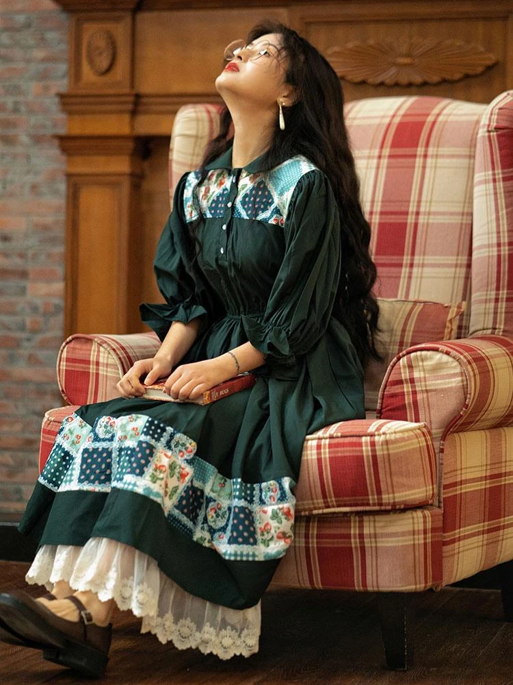 Retro Lolita OP Dress Pinkwink Small Starry Night Puff Sleeve Lapel Half Sleeve Dark Green Long Dress - Image 4