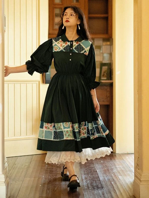 Retro Lolita OP Dress Pinkwink Small Starry Night Puff Sleeve Lapel Half Sleeve Dark Green Long Dress