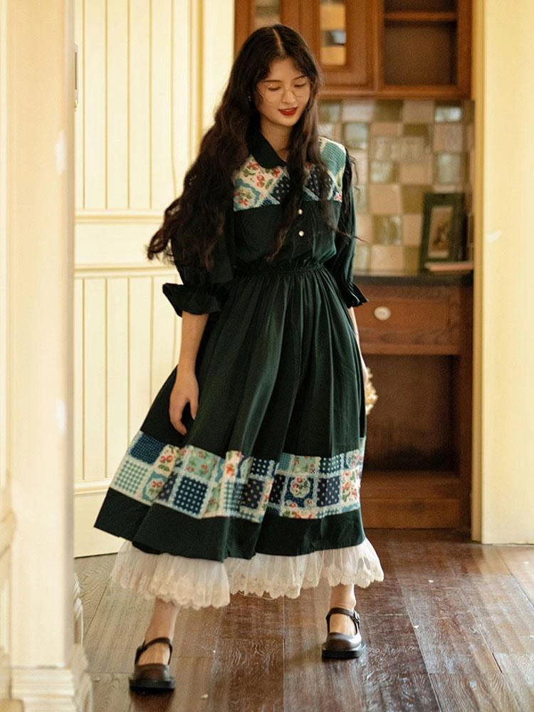 Retro Lolita OP Dress Pinkwink Small Starry Night Puff Sleeve Lapel Half Sleeve Dark Green Long Dress - Image 2
