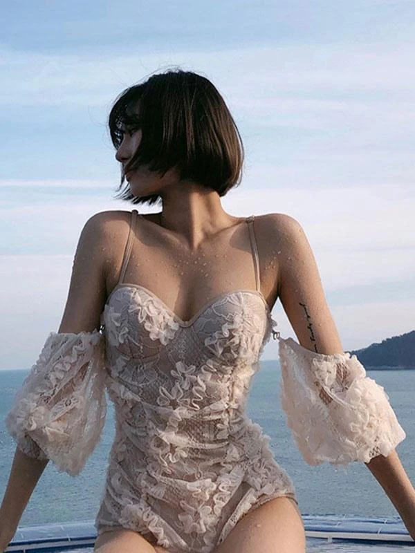 Sweet Swimsuits Lace Ruffles Flowers Jumpsuit