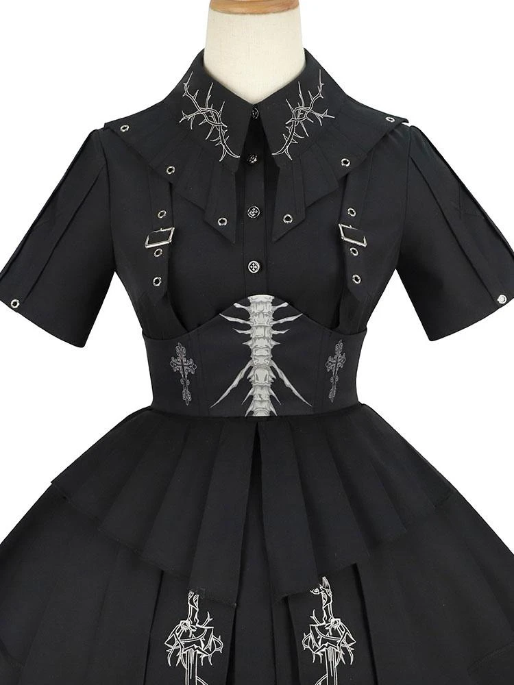 Gothic Lolita Military Uniform Army Samurai Cross Metal Details Short Sleeve Black Lolita OP Dress - Image 9