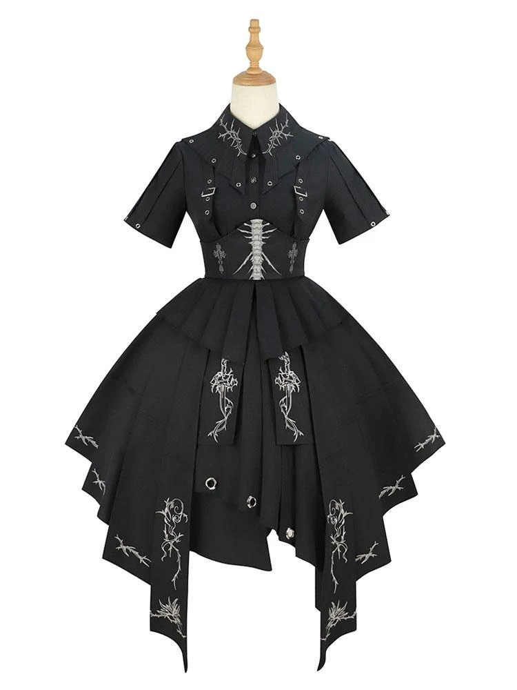 Gothic Lolita Military Uniform Army Samurai Cross Metal Details Short Sleeve Black Lolita OP Dress - Image 4