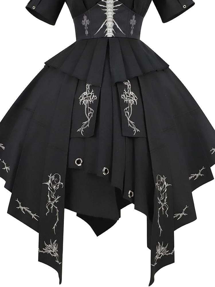 Gothic Lolita Military Uniform Army Samurai Cross Metal Details Short Sleeve Black Lolita OP Dress - Image 7
