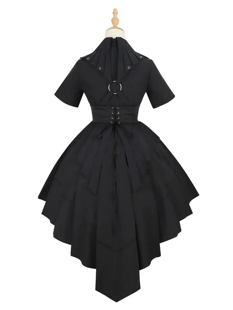 Gothic Lolita Military Uniform Army Samurai Cross Metal Details Short Sleeve Black Lolita OP Dress - Image 6