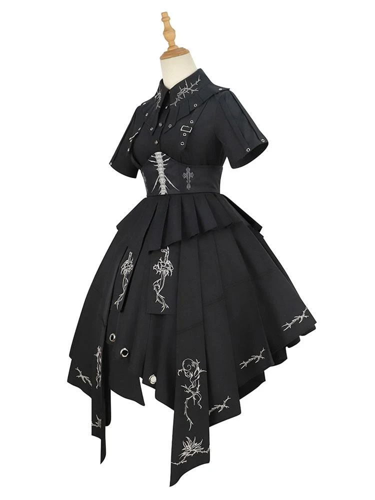 Gothic Lolita Military Uniform Army Samurai Cross Metal Details Short Sleeve Black Lolita OP Dress - Image 5