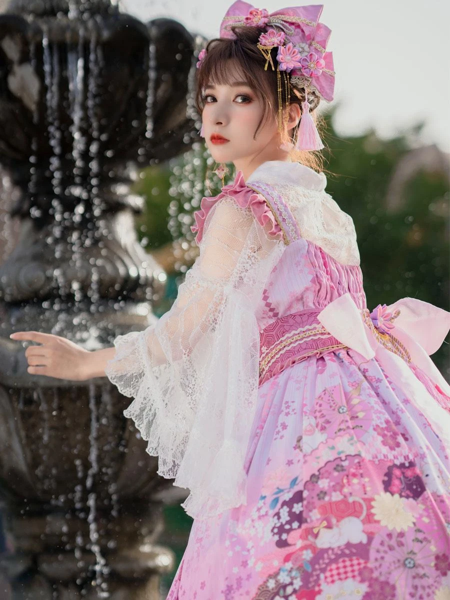 Japanese Style Lolita Dress Floral Print Sleeveless Bowknot Kimono Lolita JSK Dress With Headwear - Image 6