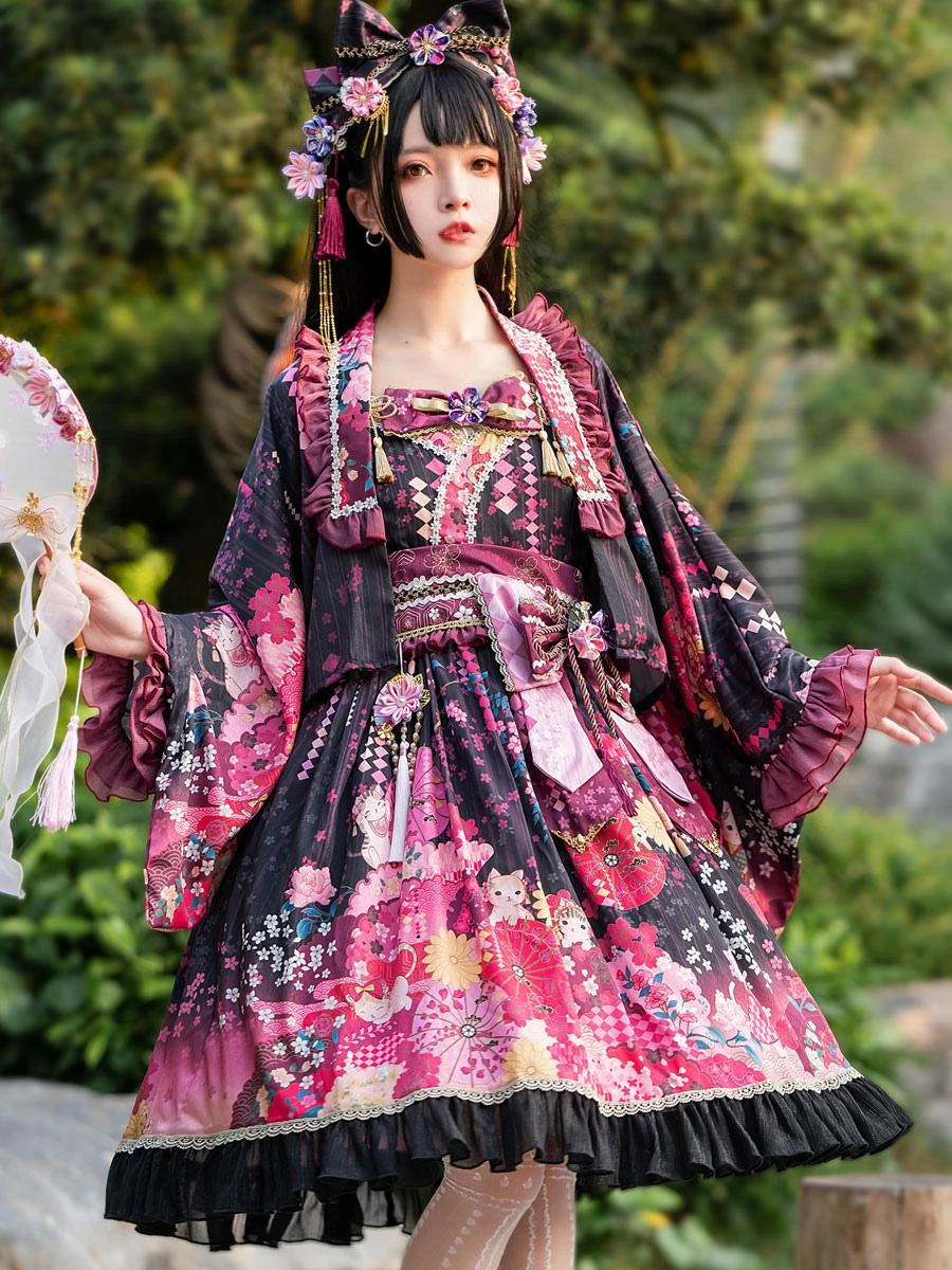 Japanese Style Lolita Dress Floral Print Sleeveless Bowknot Kimono Lolita JSK Dress With Headwear - Image 2