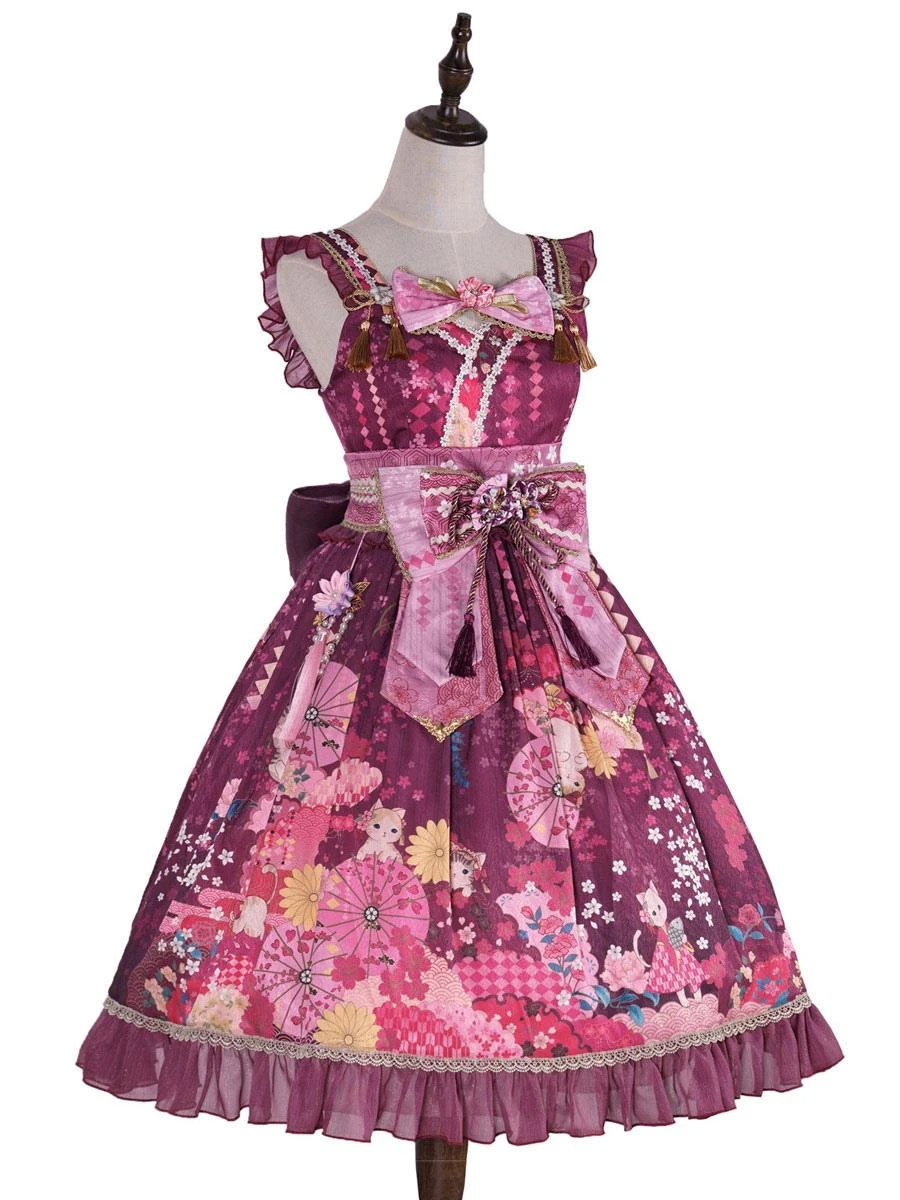 Japanese Style Lolita Dress Floral Print Sleeveless Bowknot Kimono Lolita JSK Dress With Headwear - Image 9