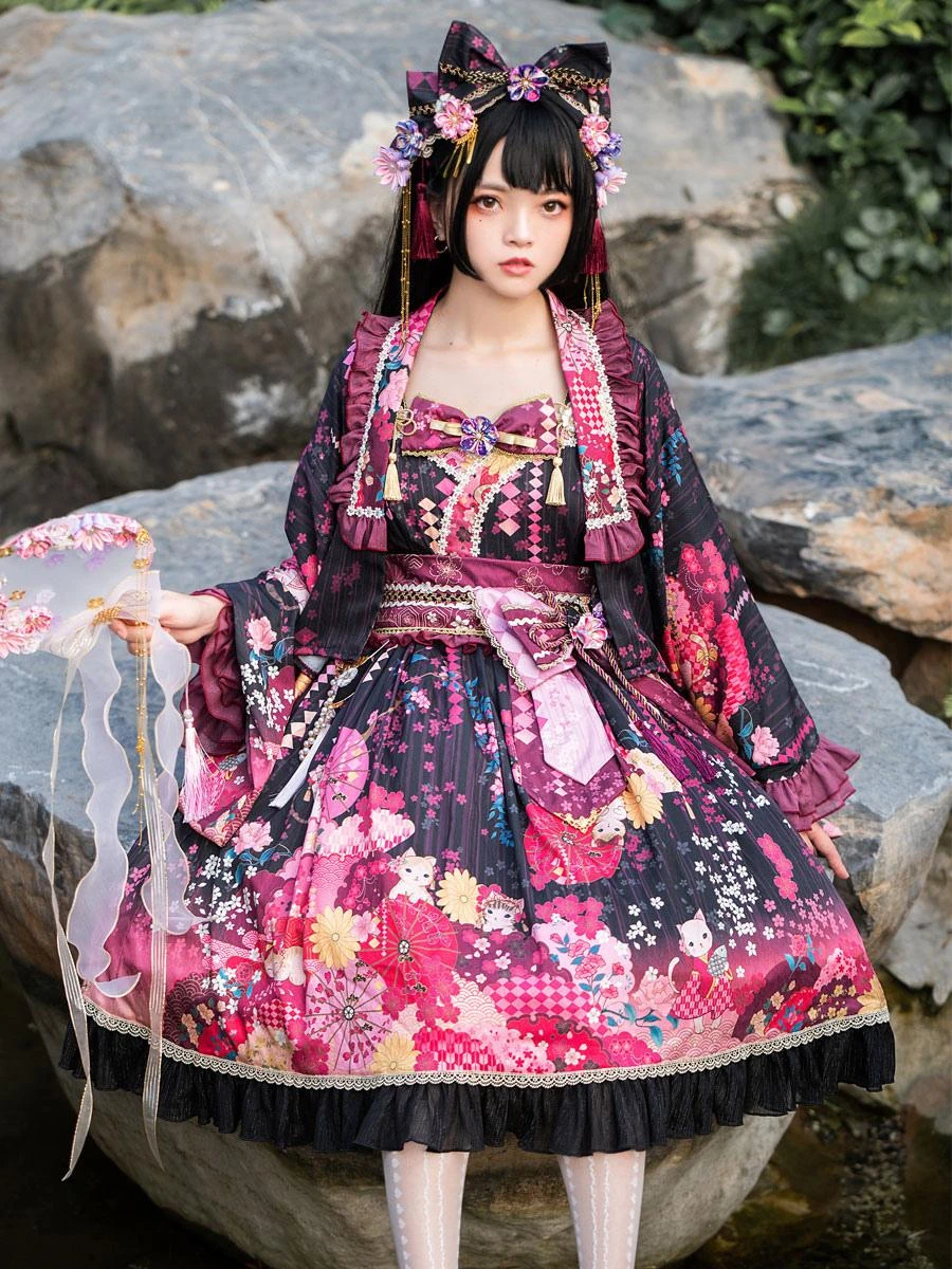 Japanese Style Lolita Dress Floral Print Sleeveless Bowknot Kimono Lolita JSK Dress With Headwear - Image 3