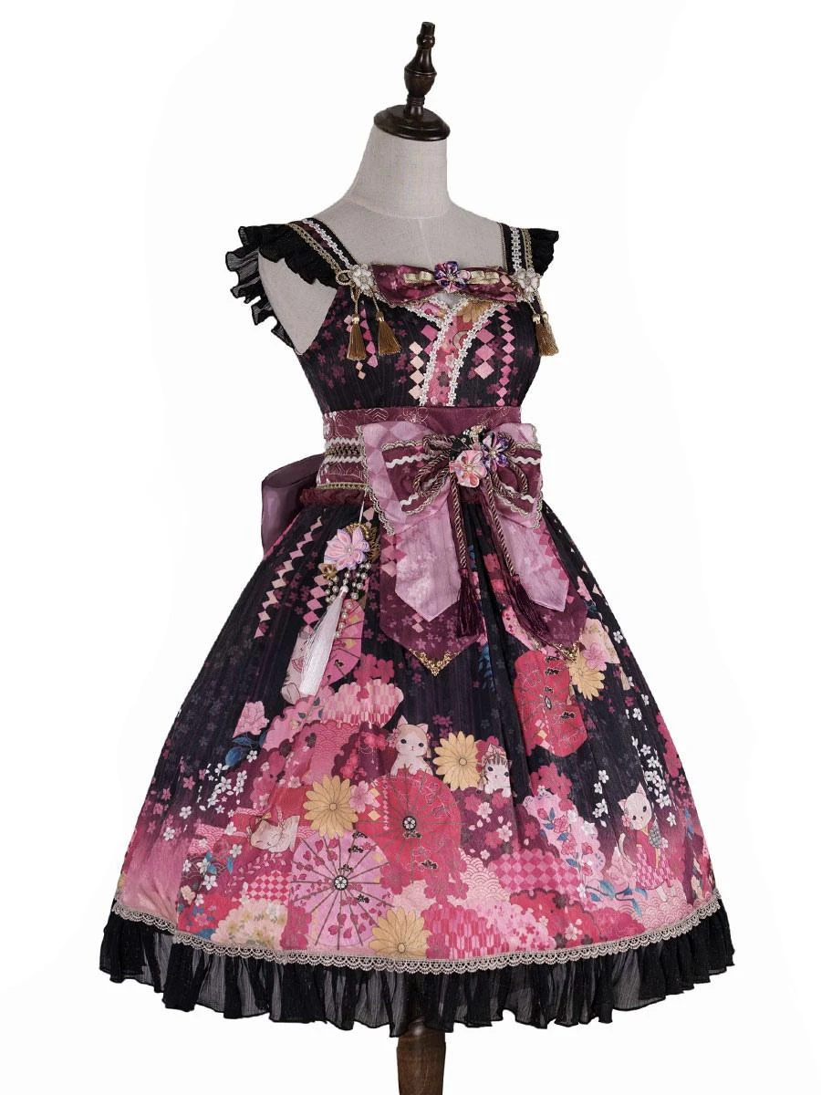 Japanese Style Lolita Dress Floral Print Sleeveless Bowknot Kimono Lolita JSK Dress With Headwear - Image 10