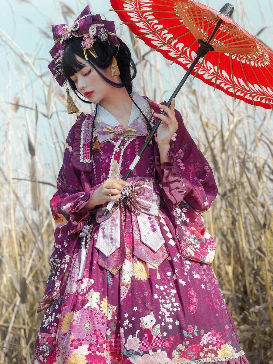Japanese Style Lolita Dress Floral Print Sleeveless Bowknot Kimono Lolita JSK Dress With Headwear - Image 7