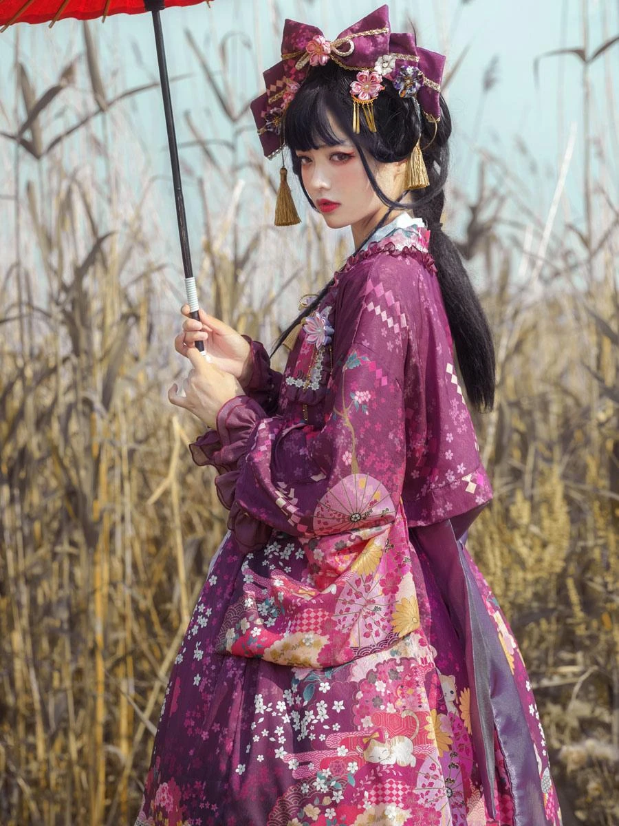 Japanese Style Lolita Dress Floral Print Sleeveless Bowknot Kimono Lolita JSK Dress With Headwear - Image 8