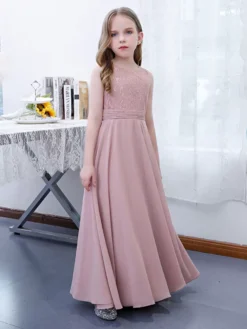 Pink Flower Girl Dress Chiffon Lace Jewel Neck Sleeveless Lotus Kids Birthday Party Dresses