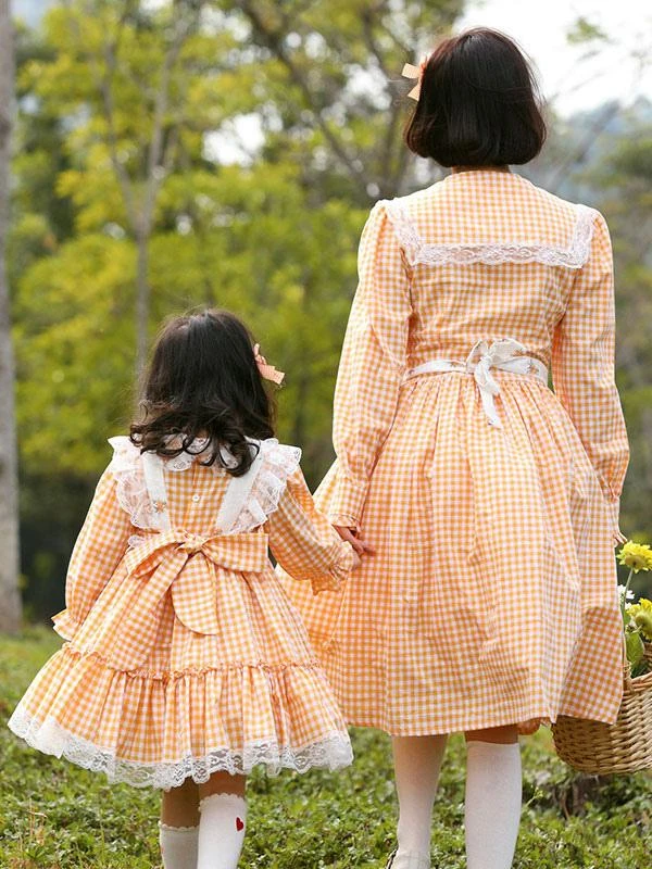 Parent-child Plaid Lolita OP Dress Orange Ruffles Lace Lolita One Piece Dresses - Image 4