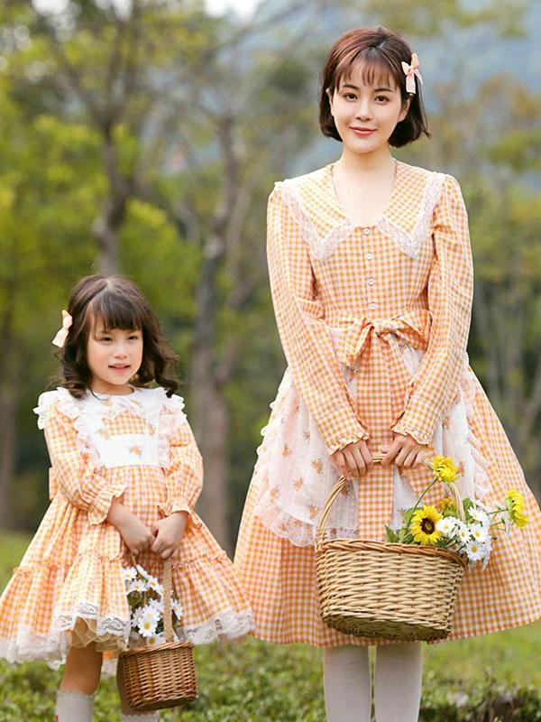 Parent-child Plaid Lolita OP Dress Orange Ruffles Lace Lolita One Piece Dresses - Image 3
