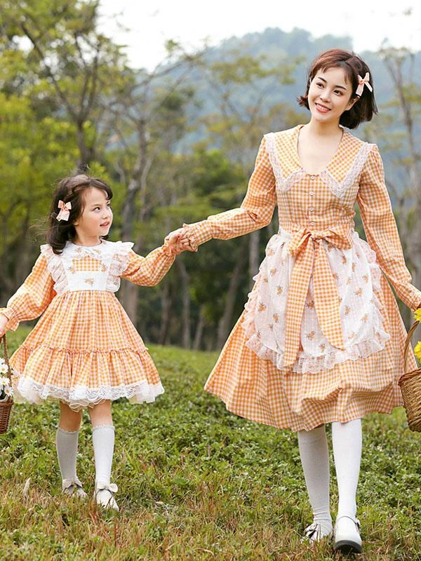 Parent-child Plaid Lolita OP Dress Orange Ruffles Lace Lolita One Piece Dresses