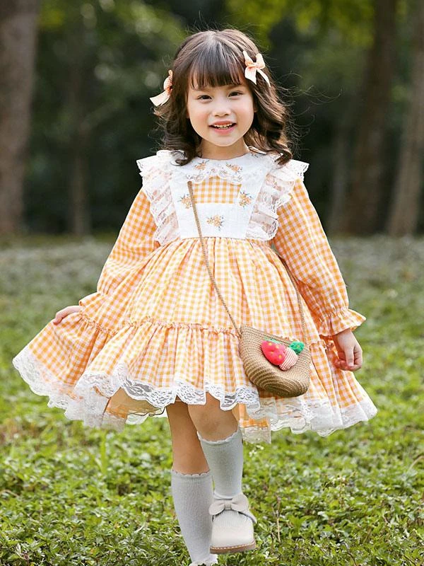 Parent-child Plaid Lolita OP Dress Orange Ruffles Lace Lolita One Piece Dresses - Image 6