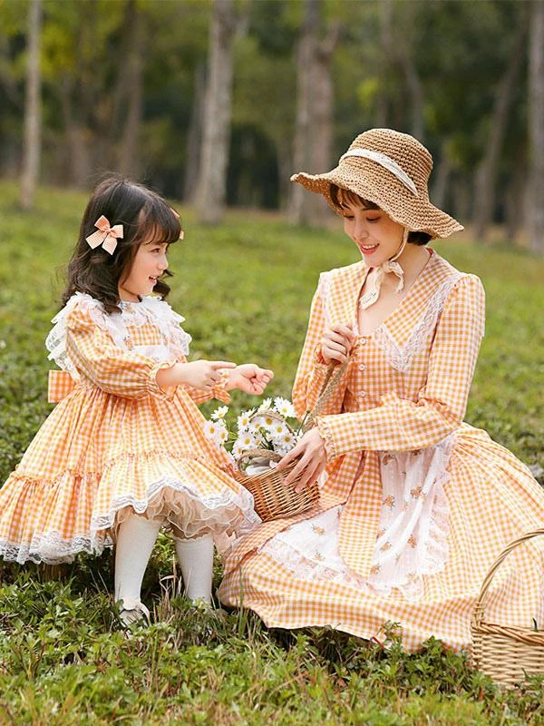 Parent-child Plaid Lolita OP Dress Orange Ruffles Lace Lolita One Piece Dresses - Image 2