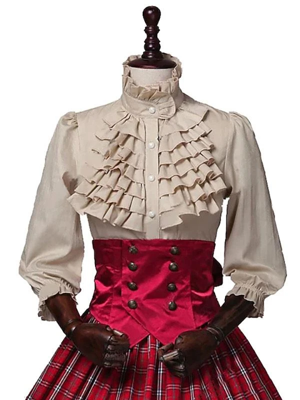 Burgundy Retro Costumes Ruffles Polyester Plaid Top Marie Antoinette Costume Women's Euro-Style Set 18th Century Costume - Image 5