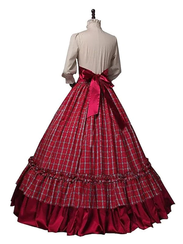 Burgundy Retro Costumes Ruffles Polyester Plaid Top Marie Antoinette Costume Women's Euro-Style Set 18th Century Costume - Image 3
