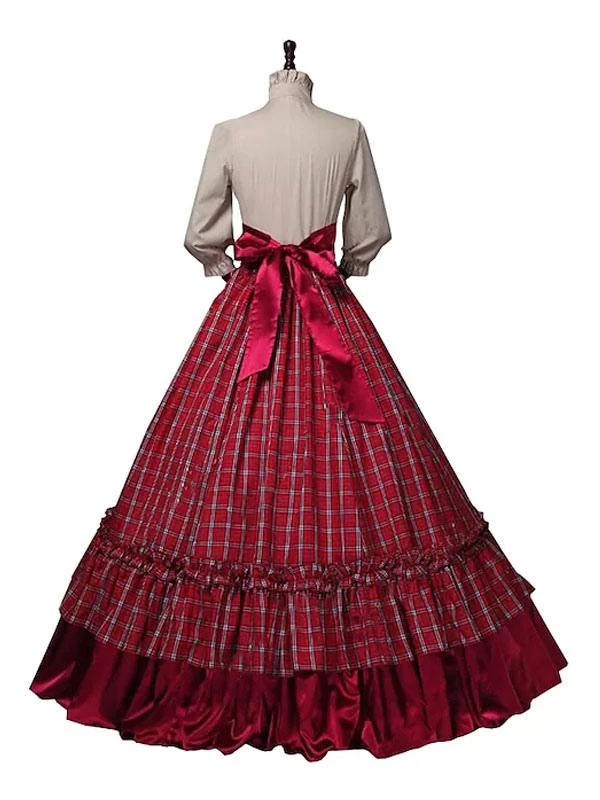 Burgundy Retro Costumes Ruffles Polyester Plaid Top Marie Antoinette Costume Women's Euro-Style Set 18th Century Costume - Image 4