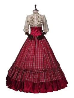 Burgundy Retro Costumes Ruffles Polyester Plaid Top Marie Antoinette Costume Women's Euro-Style Set 18th Century Costume