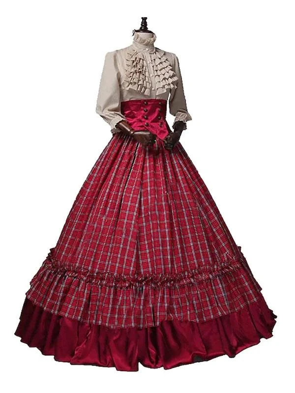 Burgundy Retro Costumes Ruffles Polyester Plaid Top Marie Antoinette Costume Women's Euro-Style Set 18th Century Costume - Image 2