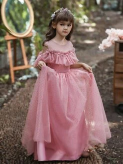 Flower Girl Dress Polyester Ruffles Illusion Neckline Short Sleeves Cameo Pink Kids Birthday Party Dresses