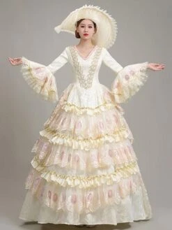Ecru White Retro Costumes Lace Polyester Floral Print Dress Women's Vintage Marie Antoinette Costume Tunic 18th Century Costume