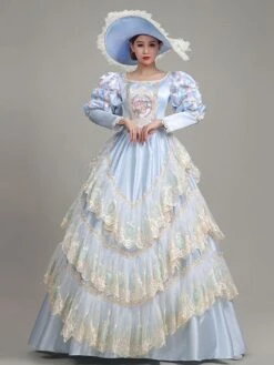 Light Sky Blue Retro Costumes Lace Polyester Floral Print Dress Marie Antoinette Costume Women's Euro-Style Tunic Vintage Clothing