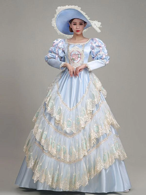 Light Sky Blue Retro Costumes Lace Polyester Floral Print Dress Marie Antoinette Costume Women's Euro-Style Tunic Vintage Clothing