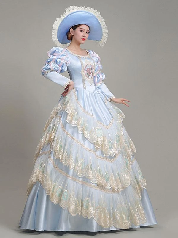 Light Sky Blue Retro Costumes Lace Polyester Floral Print Dress Marie Antoinette Costume Women's Euro-Style Tunic Vintage Clothing - Image 2