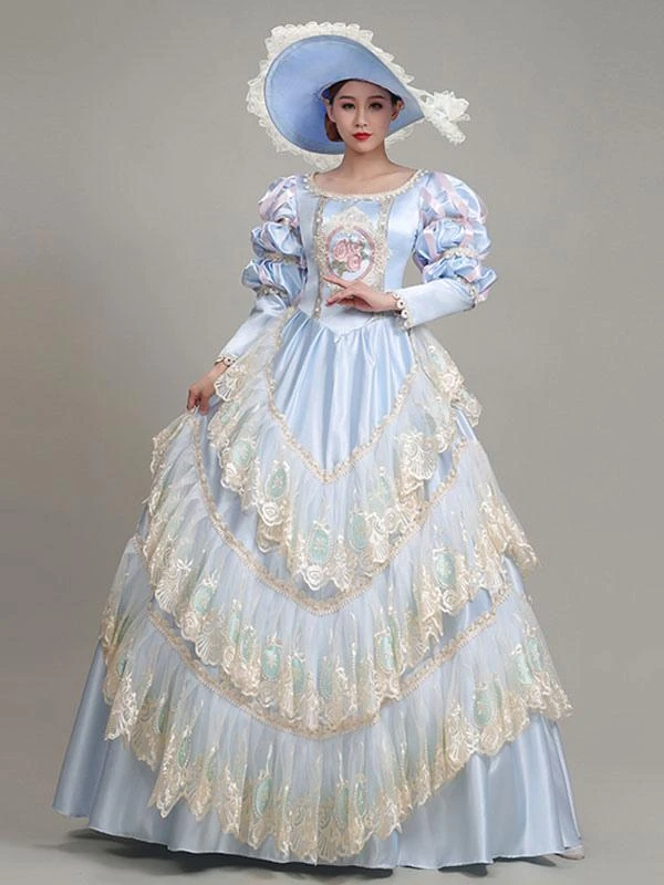 Light Sky Blue Retro Costumes Lace Polyester Floral Print Dress Marie Antoinette Costume Women's Euro-Style Tunic Vintage Clothing - Image 3