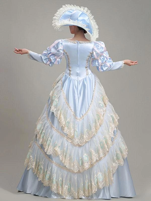 Light Sky Blue Retro Costumes Lace Polyester Floral Print Dress Marie Antoinette Costume Women's Euro-Style Tunic Vintage Clothing - Image 4