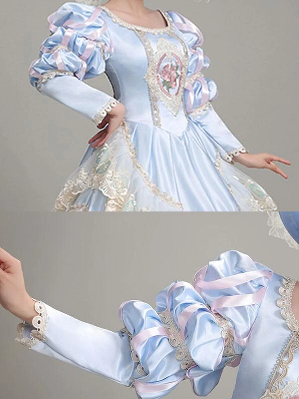 Light Sky Blue Retro Costumes Lace Polyester Floral Print Dress Marie Antoinette Costume Women's Euro-Style Tunic Vintage Clothing - Image 5