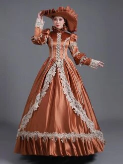 Coffee Brown Retro Costumes Ruffles Polyester Hat Marie Antoinette Costume Women's Vintage Tunic Masquerade Ball Gown