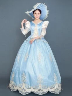 Light Sky Blue Retro Costumes Women's Marie Antoinette Costume Ruffles Lace Polyester Tunic Hat Dress Euro-Style Vintage Clothing