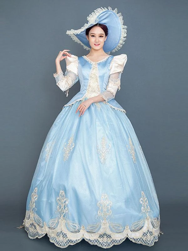Light Sky Blue Retro Costumes Women's Marie Antoinette Costume Ruffles Lace Polyester Tunic Hat Dress Euro-Style Vintage Clothing
