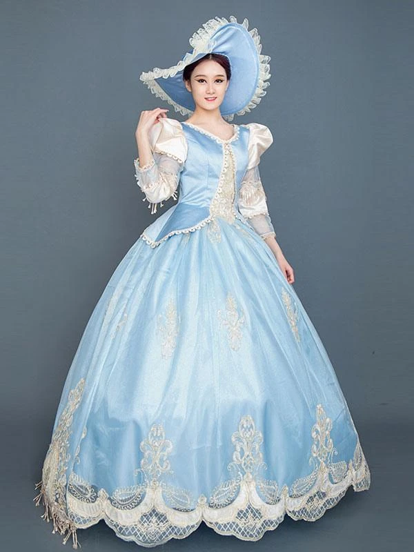 Light Sky Blue Retro Costumes Women's Marie Antoinette Costume Ruffles Lace Polyester Tunic Hat Dress Euro-Style Vintage Clothing - Image 3