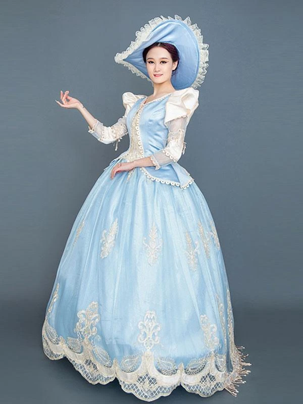 Light Sky Blue Retro Costumes Women's Marie Antoinette Costume Ruffles Lace Polyester Tunic Hat Dress Euro-Style Vintage Clothing - Image 2