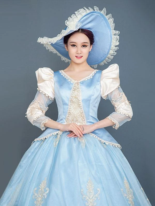 Light Sky Blue Retro Costumes Women's Marie Antoinette Costume Ruffles Lace Polyester Tunic Hat Dress Euro-Style Vintage Clothing - Image 4