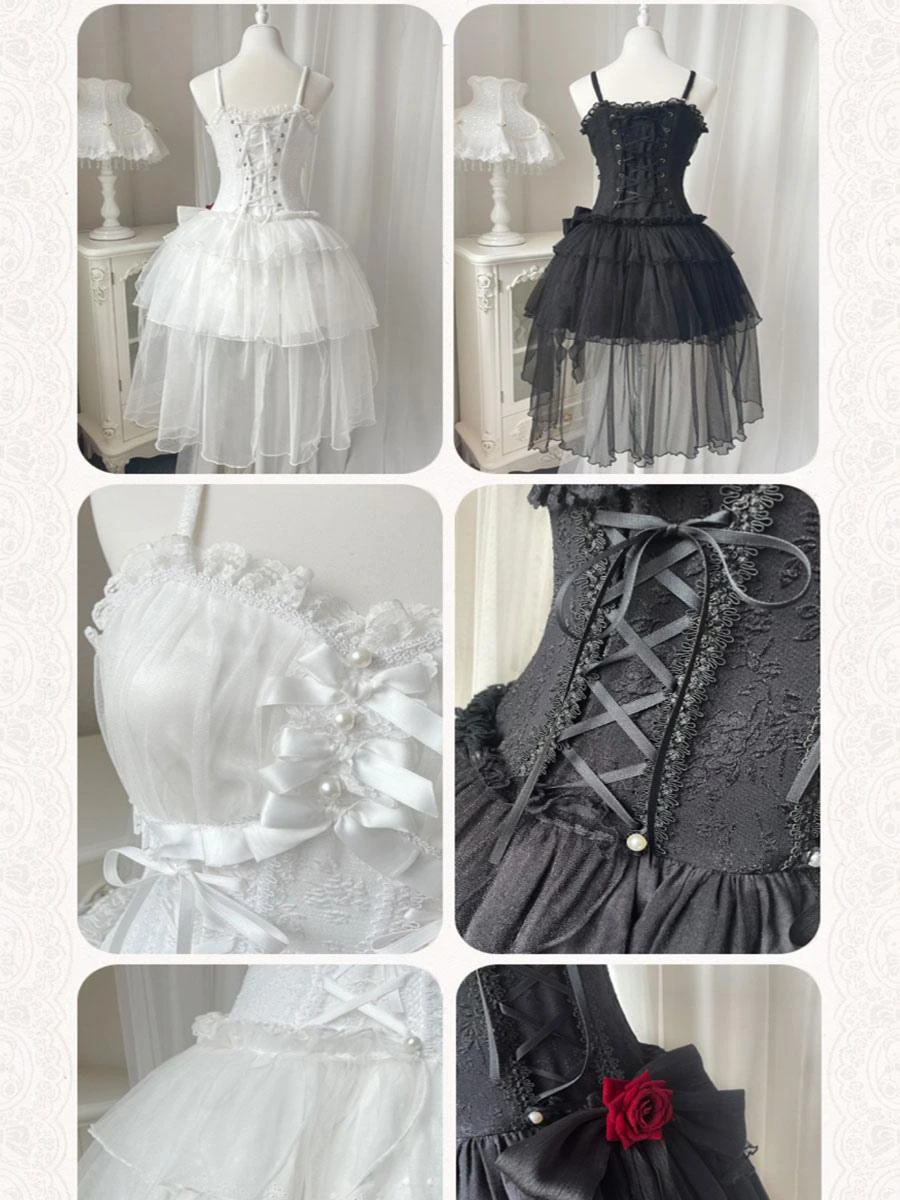 JSK Gothic Lolita Dresses Pearls Bows Black White Adjustable Elastic - Image 10