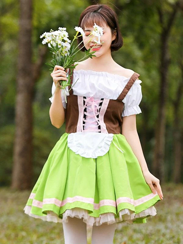 Parent-child Green Lolita OP Dress Lace Up Ruffles Lolita One Piece Dresses - Image 4
