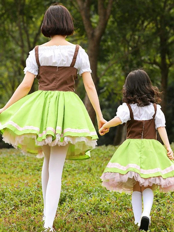 Parent-child Green Lolita OP Dress Lace Up Ruffles Lolita One Piece Dresses - Image 3