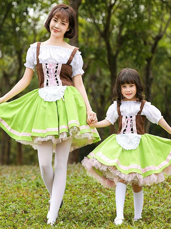 Parent-child Green Lolita OP Dress Lace Up Ruffles Lolita One Piece Dresses
