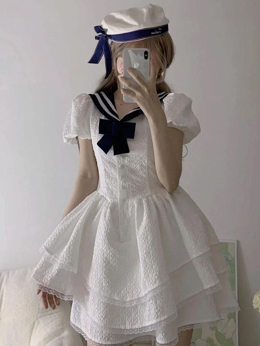 Sweet Sailor Lolita Dress Polyester Short Sleeves Bows Navy Style Dress