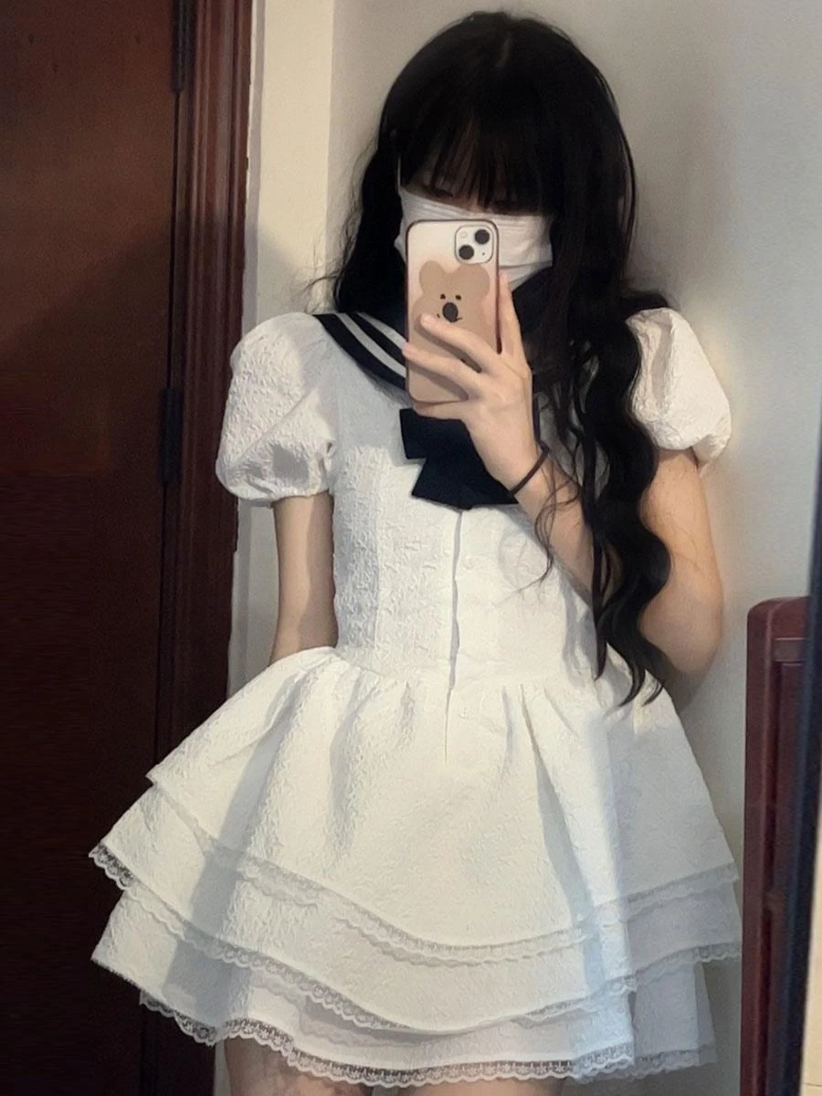 Sweet Sailor Lolita Dress Polyester Short Sleeves Bows Navy Style Dress - Image 4